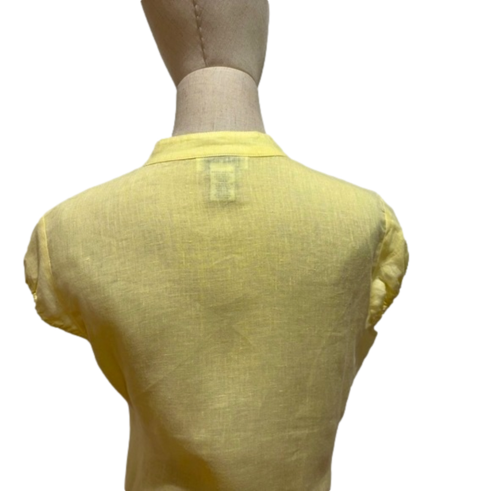 90s ALEXANDRA BARTLETT LINEN PASTEL YELLOW BOHO PUFFED SHORT SLEEVED BLOUSE SZ M - Picture 8 of 9